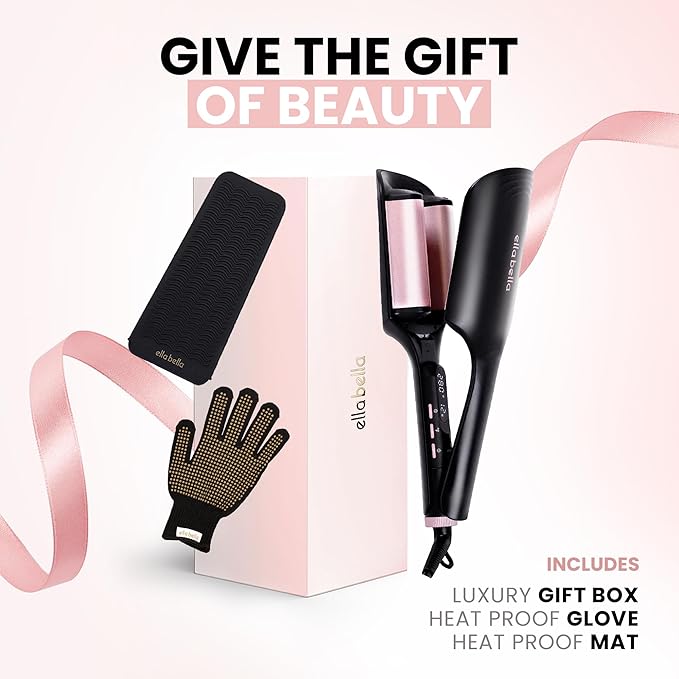 ELLA BELLA® Ultimate Waver Curling Iron • Crimper Hair Tool • Adjustable Heat Settings • Dual Voltage Hair Curler • Anti-Scald Tech • Ionic Ceramic Coating for Long-Lasting, Frizz-Free Beach Waves