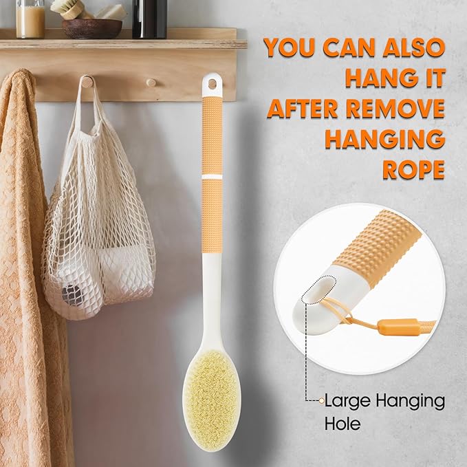Body Scrubber Anti Slip for Shower, Shower Brush Long Handle with Stiff and Soft Bristles, Body Wash Exfoliating Back Scrubber for Bath or Dry Brushing Body Brush(Orange)