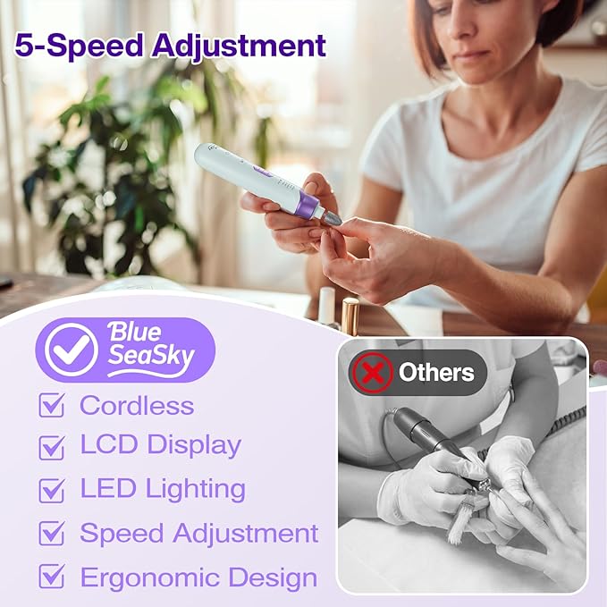 Professional Electric Nail Drill 2000mAH Portable Cordless Electric Nail File 10 in 1 Manicure Pedicure Kit ,5-Speeds Toe Nail Tools Hand Foot Care,Thick Toenail Grinder for Women Men Pets (Purple)