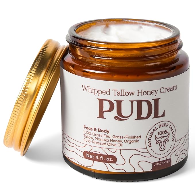 PUDL Grass Fed Beef Tallow for Skin Care with Manuka Honey, Organic Olive Oil and Jojoba Oil – Whipped Lotion Balm Anti-Aging Moisturizer Deeply Nourishing for Sensitive Skin Face & Body