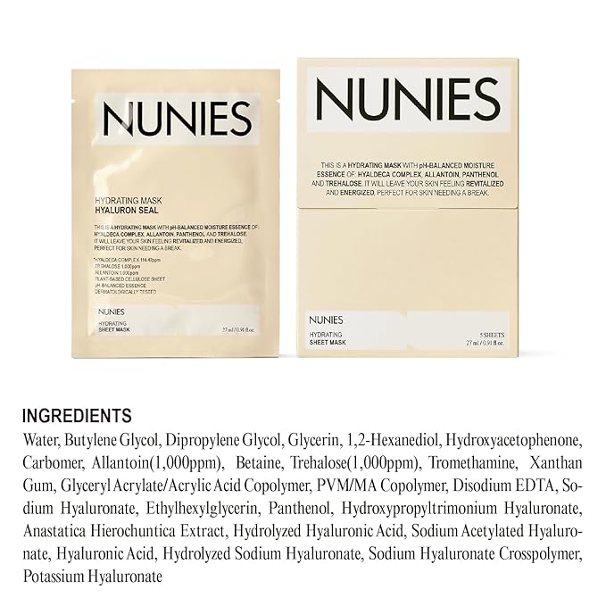 NUNIES Hydrating Sheet Mask – Korean Moisturizing Face Mask for Dry & Sensitive Skin | 10-Layer Hyaluronic Acid, Trehalose & Allantoin | Glow, pH-Balanced | Fragrance-Free, Colorant-Free | 5 Sheets