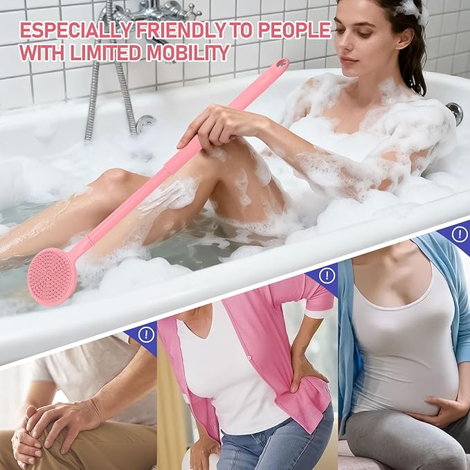 Back Scrubber for Shower, (16-24 Inch) Extendable Bath Brush Long Handle for Shower, Silicone Body Scrubber with Handle, Back Brush for Shower Men and Women,Easy to Clean (Pink)
