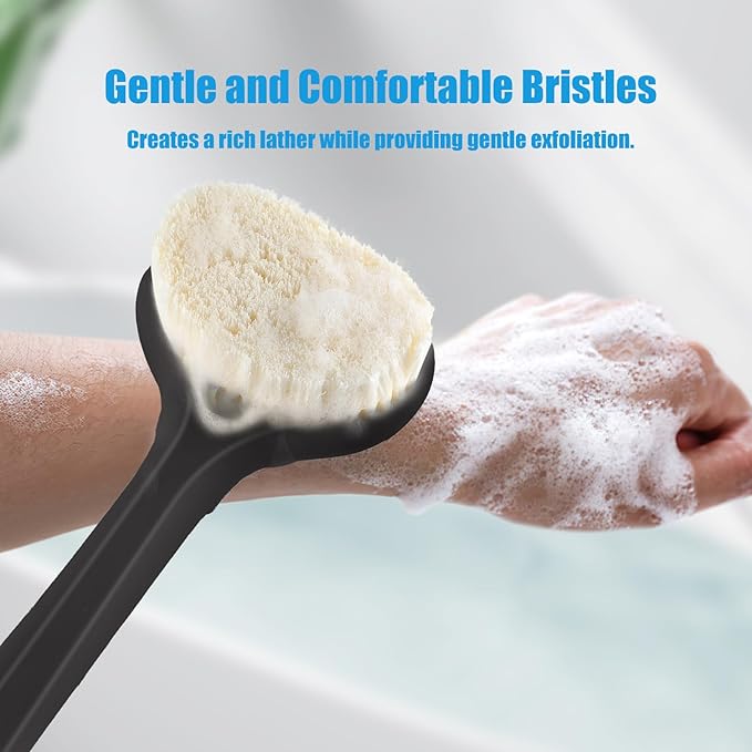 VANZAVANZU Back Scrubber for Shower, Bath Brush with 17-Inch Long Anti-Slip Handle, Wet and Dry Brushing Body Brush for Body Cleansing, Back Brush for Men and Women (Black)