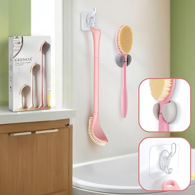 New Foot Brush & Back Scrubber Set 2PCS, 10.2''- 27.5'' Adjustable Foot Scrubber for Shower, 18.9'' Shower Back Scrubber with 3-Length Usage, Great Aid for People with Limited Mobility(Pink)