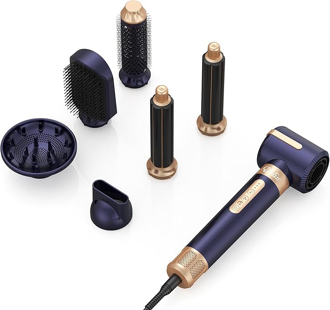 UKLISS Hair Dryer Brush 7 in 1,110000 RPM Hair Dryer with Diffuser for Curly & Twisted Hair Professional Ionic Brush Blow Dryer for Salon-Quality Styling (Blue Gold)