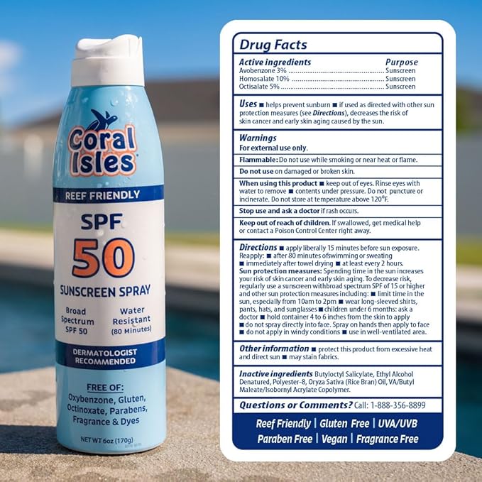 Coral Isles SPF 50 Sunscreen Spray - Hawaii Compliant - Oxybenzone & Octinoxate Free - Broad Spectrum - Water Resistant, 6 Fl Oz (Pack of 2)