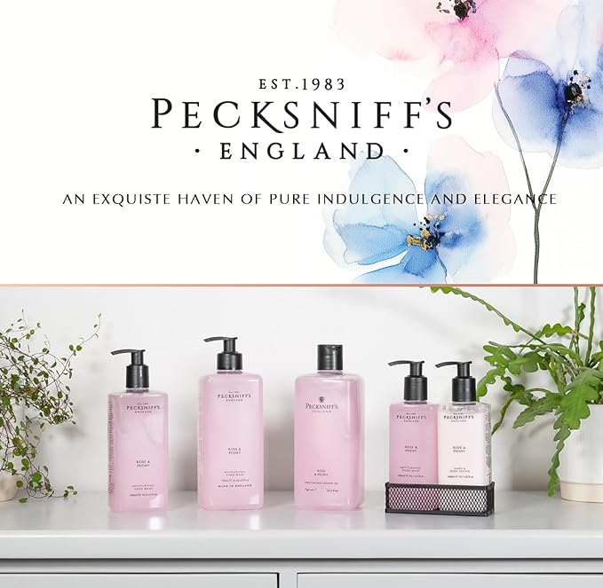 Pecksniffs Moisturizing Hand Wash and Hand & Body Lotion Caddy Set - Rose & Peony in a Black Mesh Caddy, 300 ml/10.14 fl oz