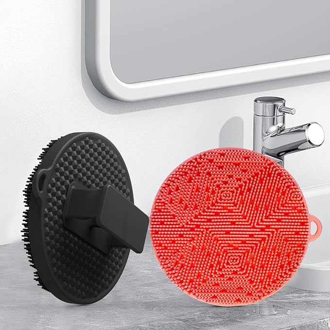 Silicone Body Scrubber-Silicone Shower Brush for Gentle Exfoliating & Lathering with Body Scrub & Wash, Durable & Hygienic, Deep Cleansing Exfoliator for All Skin Types - Shower Essential (Pink+black)