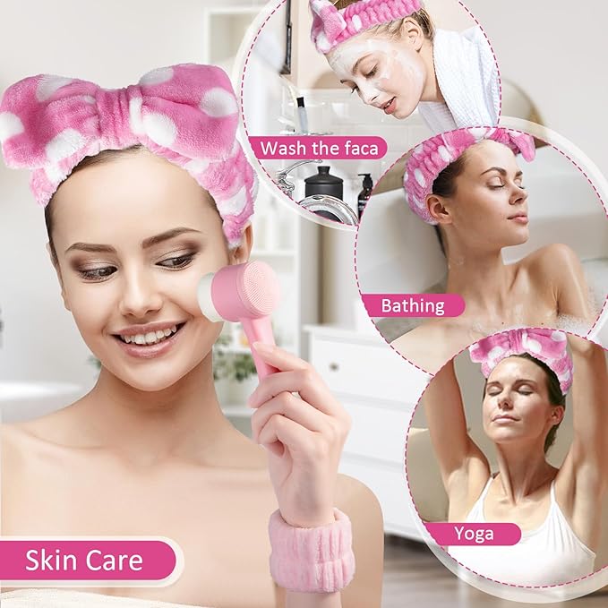 Facial Cleansing Brush 2 in 1, Silicone Face Scrubber Dual Face Brush for Deep Pore Cleansing and Exfoliating, Skincare Headband and Wristbands Set for Washing Face, Massaging Spa Makeup, Pink