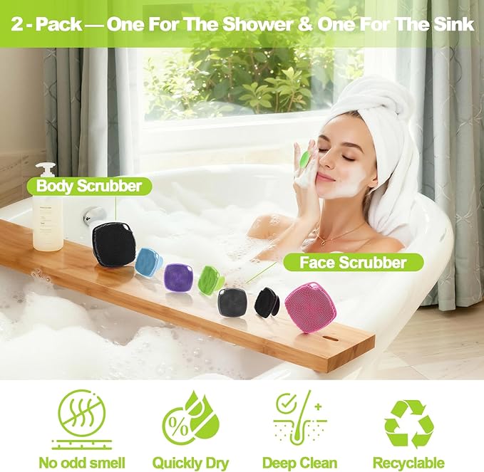 2 Pack Face Scrubbers, Silicone Face Scrubber Soft Bristles, Gentle Lather, Exfoliating & Deep Cleaning for Sensitive Skin, Giant Suction Cup Stick Securely, Easy to Store (Green)