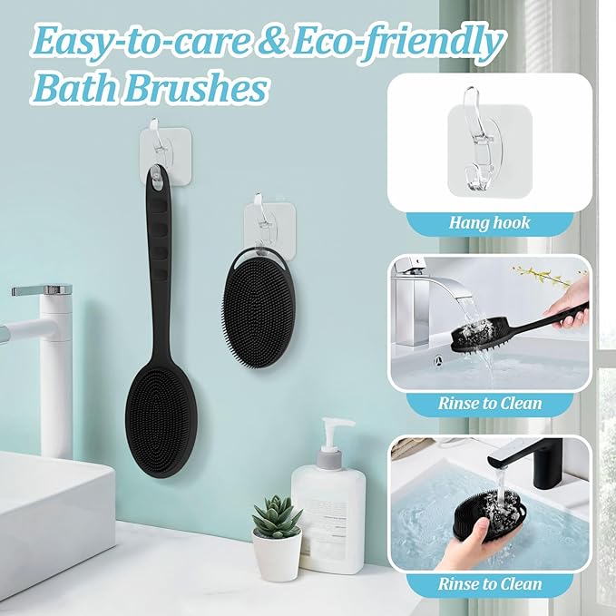 Silicone Back & Body Scrubber Set 2PCS, 13.4'' Gentle Exfoliating Back Scrubber with Dual-Side Head and Non-Slip Handle, Hygienic Silicone Loofah with Soft Bristles and Massage Dots(Black-2PC)