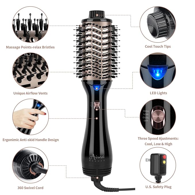 One Step Hair Dryer & Volumizing Hot Air Brush, Blow Dryer, Ceramic Straightener, Curler & Hot Comb 4 in 1 Salon Ionic Brush, Hair Styling Tools, Black