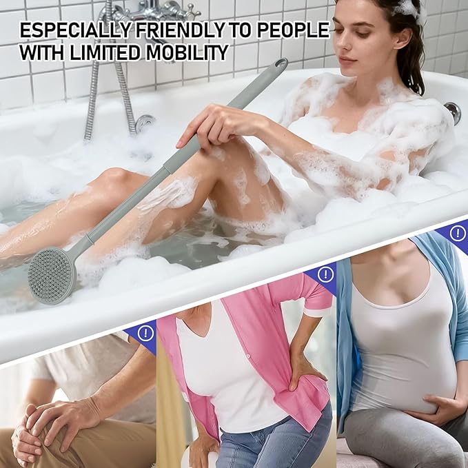 Back Scrubber for Shower, (16-24 Inch) Extendable Bath Brush Long Handle for Shower, Silicone Body Scrubber with Handle, Back Brush for Shower Men and Women,Easy to Clean (Gray)