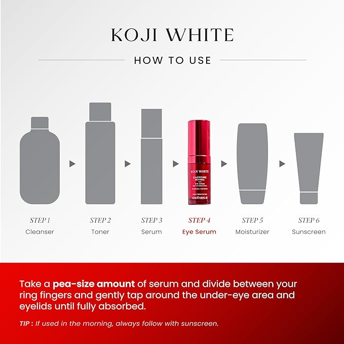Koji White 3% Caffeine Eye Serum for Puffiness & Dark Circles with 0.2% Retinol, Peptides, Hyaluronic Acid & Vitamin C - Fragrance-Free, Unscented for Sensitive Skin, Vegan Skincare 0.50 Fl Oz