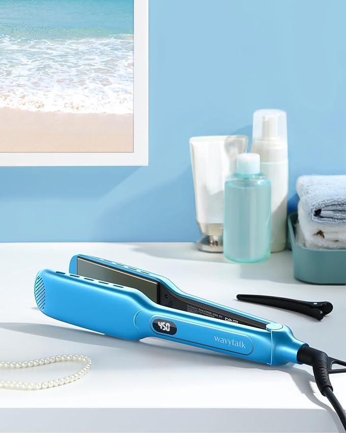Wavytalk Hair Straightener, 1.7 Inch Wide Vent Sesh Titanium Wet to Dry Flat Iron, Straightener for Damp or Dry Hair (Blue)
