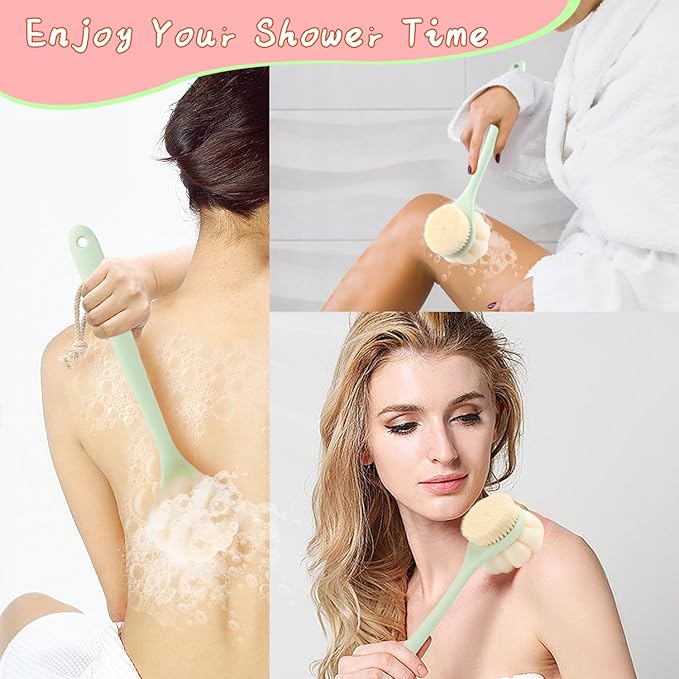 2 Pcs Body Shower Brush Long Handle Back Scrubber Brush with Bristles and Loofah Mesh Sponge for Skin Exfoliating Bath Wet Dry Massage Brushing - Green
