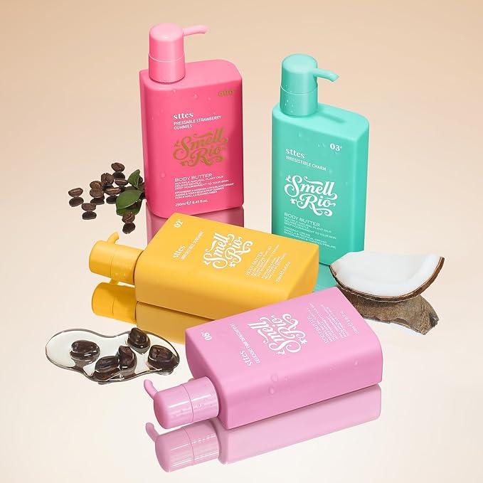 Sttes Body Butter 606# (Pressable Strawberry Gummies) – 250ml Whipped Non-Greasy Body Cream with Strawberry Marshmallow & Blackcurrant Candy Scent, Jojoba & Coconut Oil, Caffeine Hydrating Lotion