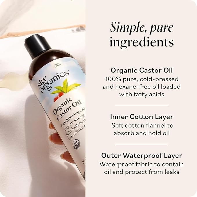 Sky Organics Castor Oil - USDA Certified Organic Hair Oil for Hair Growth, Skin, Face, Eyelashes - Cold Pressed & Hexane Free - Pure Organic Castor Oil Pack Wrap - Carrier & Hair Treatment Oil -16oz