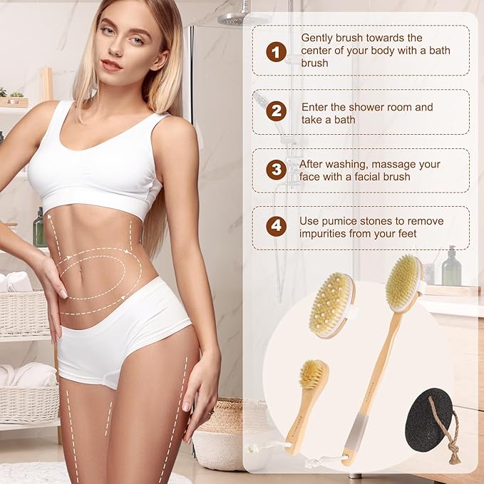 Dry Brushing Body Brush Set- Wooden Long Handle Body Brush Set with Pumice Stone & Face Brush, Boar Bristle Body Bath Scrubber Brush for Lymphatic Drainage & Cellulite, Detachable