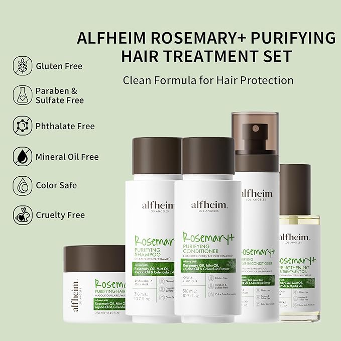 Alfheim Rosemary+ Purifying Hair Care Gift Set | Shampoo, Conditioner, Hair Mask, Leave-in Conditioner & Hair Oil | Scalp & Hair Purifying, Hydrating & Volumizing | Holiday Gift for Women & Men