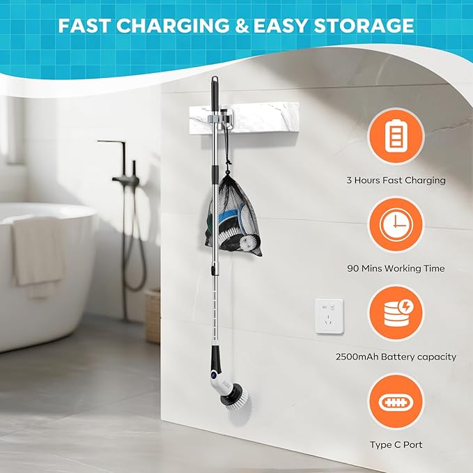 YKYI Electric Spin Scrubber,Cordless Cleaning Brush,Shower Cleaning Brush with 8 Replaceable Brush Heads,Power Scrubber 3 Adjustable Speeds,Adjustable & Detachable Long Handle,Voice Broadcast