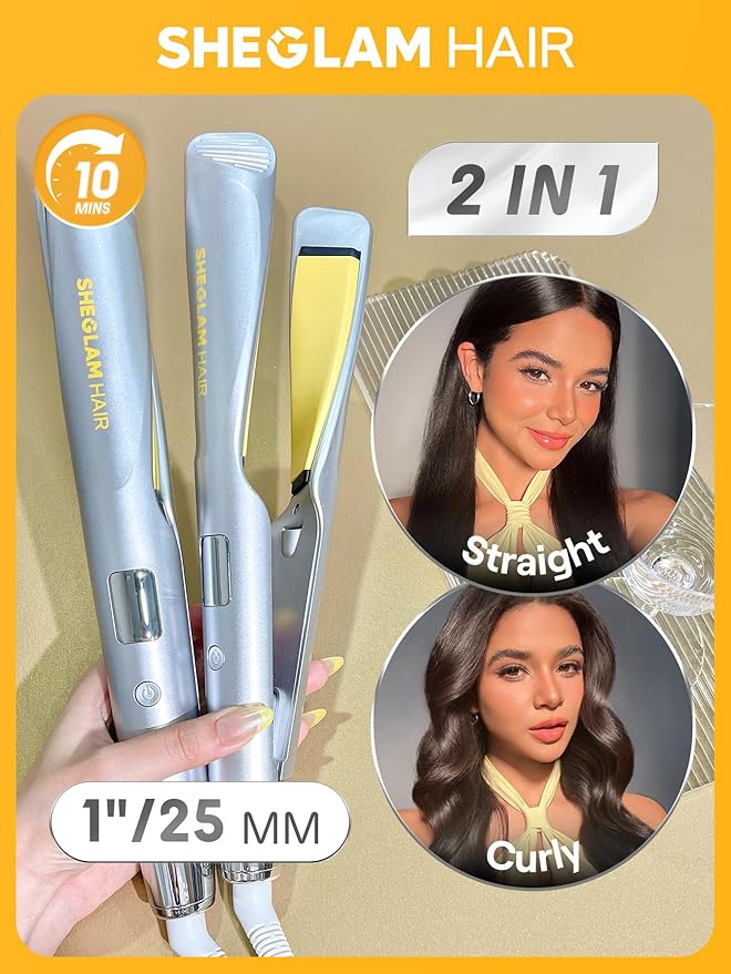 SHEGLAM Sleek Chic Twist Kiss Flat Iron - 2-in-1 Hair Straightener & Curling Iron, 1" Barrel, 60s Fast Heat, 20M Negative Ions, 5 Temp Settings, Travel-Friendly