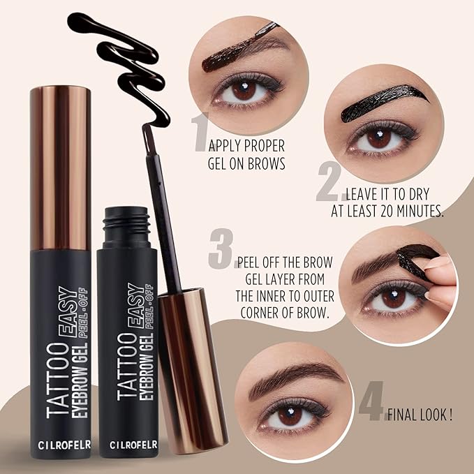 Cilrofelr Tattoo Peel Off Eyebrow Gel, Easy Tattoo Brow Peel Off Gel, Last Up to 3 Days, Waterproof, Transfer-proof, For Fuller & Defined Looking Brows, Warm Brown (2 Pack)