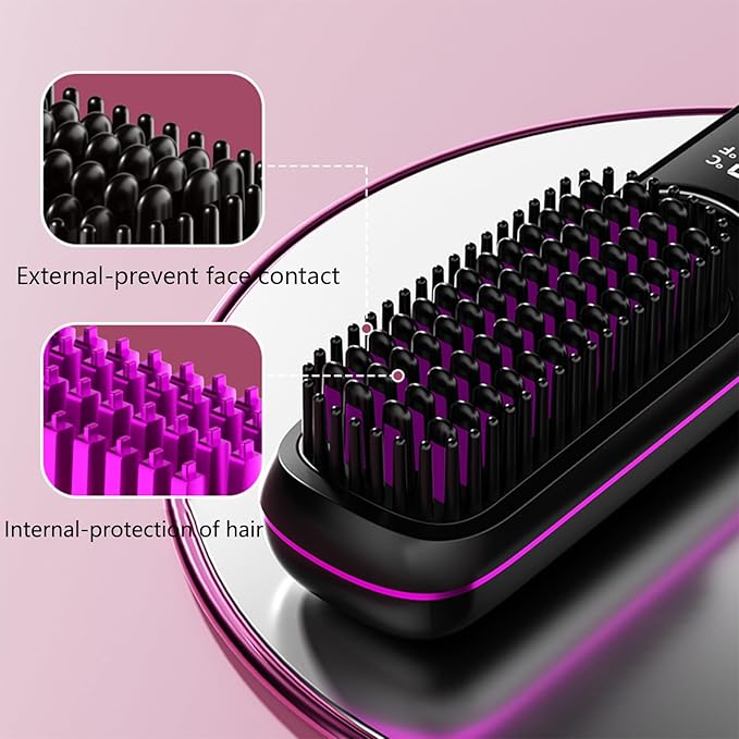 Go Brush Pro Hair Straightener – Cordless Comb with Negative Ion, 7400mAh Fast Heating & Portable Travel Design, Rechargeable Brush for Straightening and Curling (Purple-1Pcs)