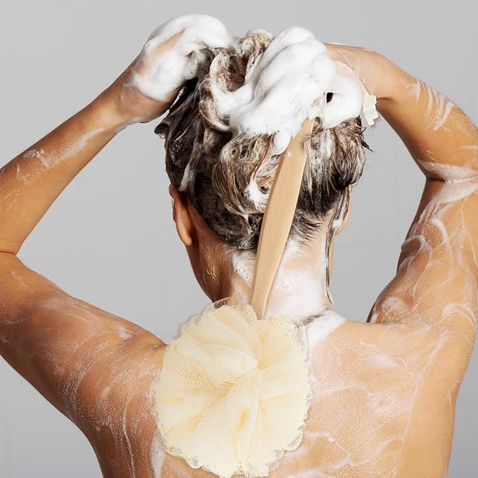 Tessco for you 12 Pcs Large Loofah on a Stick Shower Loofah with Long Handle Back Scrubber for Shower PE Body Bath Sponge Soft Spa Mesh Brush Wash Exfoliating Luffas for Men Women (Light Color)