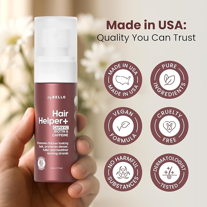 Trybello Hair Helper + Spray | Hair Growth Serum, powered by Capixyl | With Biotin, Castor Oil, Caffeine, Rice Water & Peptide Complex | Natural Treatment for Thicker, Fuller Strands | Vegan Formula