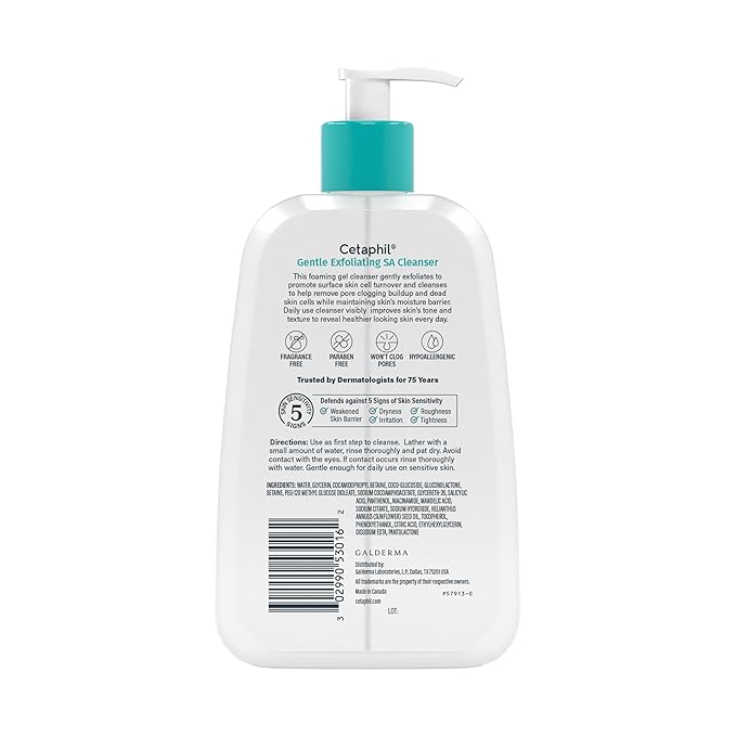 Cetaphil Gentle Exfoliating SA Cleanser, Foaming Gel Cleanser for All Skin Types, 8 Oz Pump Bottle, Salicylic Acid, Mandelic Acid & Gluconolactone, Gently Exfoliates, Dermatologist Recommended Brand