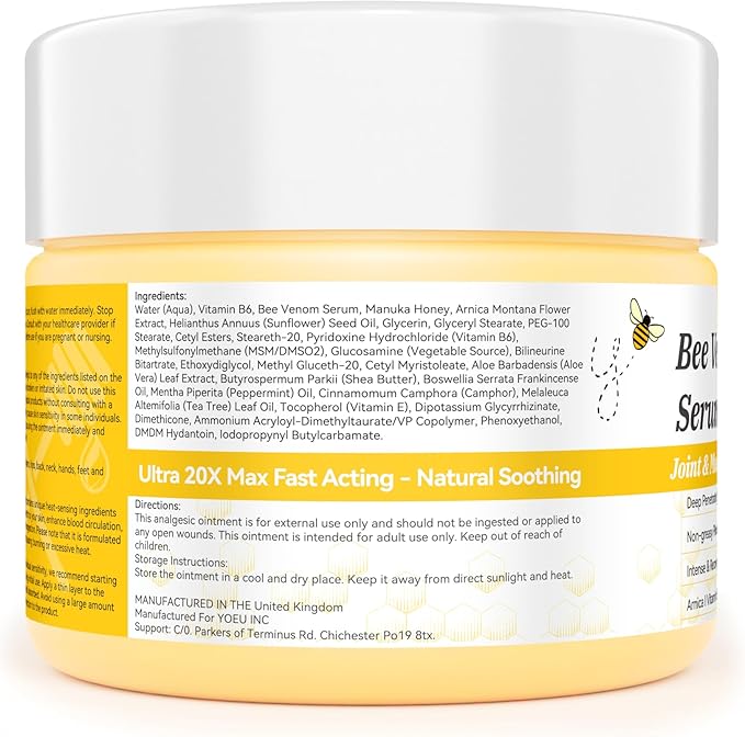 Natural Organic NZL Bee Venom Professional Serum Care, Joint & Muscle & Bone Cream Gel - for Back, Neck, Hand, Foot, Knee, Muscle, Shoulder, Hip, Nerve, Vitamin B6, Aloe Vera, Adult, Elderly