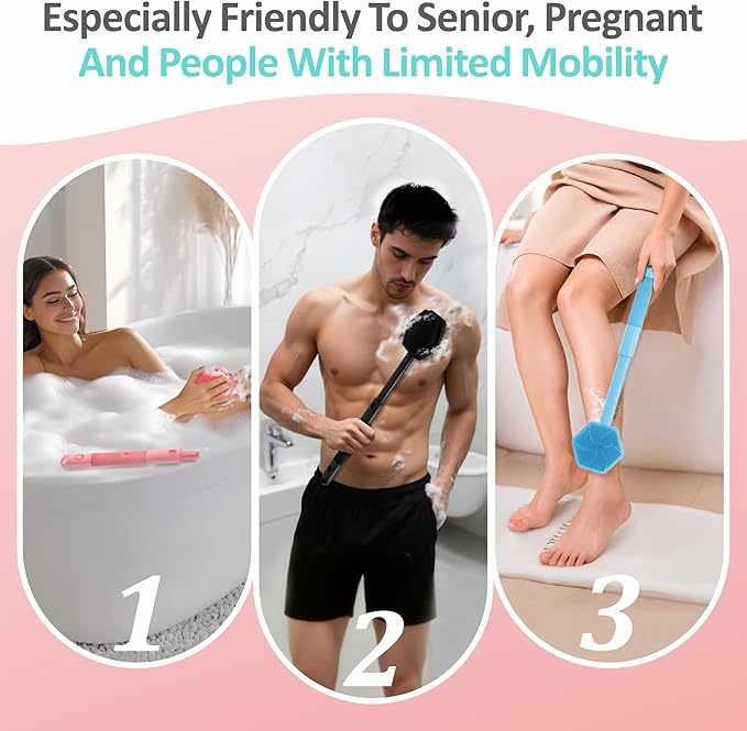 Silicone Back/Face Scrubber & Bath Glove Set 3PCS, Extendable Back Scrubber with Dual-Side Large Head, 360° Anti-Slip Bath Glove, Unique Side-Bristle Face Scrubber for All-Round Cleaning(Pink)