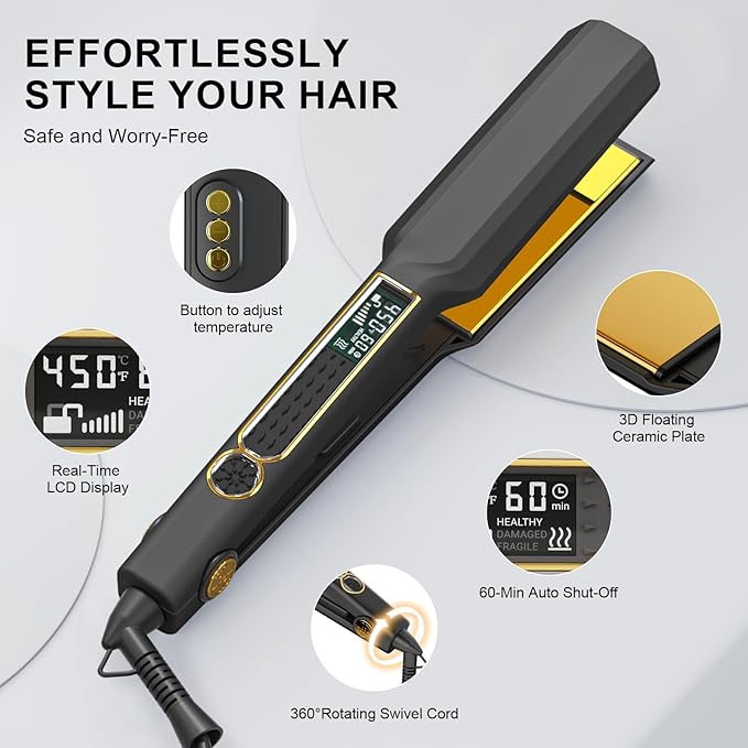 Thirtek Professional Hair Straightener,1.5 inch Ceramic & Titanium Flat Iron,15 Adjustable Temperature Levels,LCD Display, 25s Quick Heat Up,Styling Tools for Thick Hair,Dual Voltage,Black&Gold