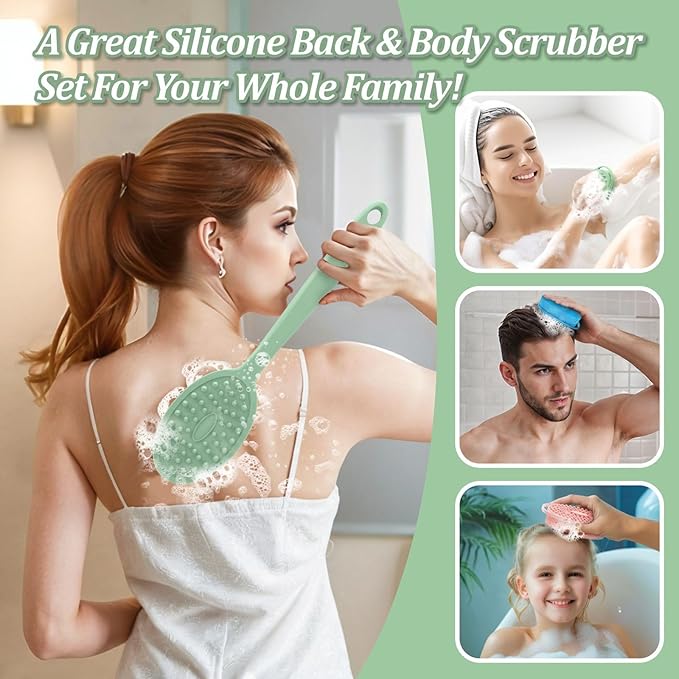 Silicone Back & Face Scrubber & Bath Glove Set 3PCS, 13.4'' Gentle Back Scrubber with Dual-Side Head, 360° Anti-Slip Bath Glove, Unique Side-bristled Face Scrubber for All-round Cleaning(Green)