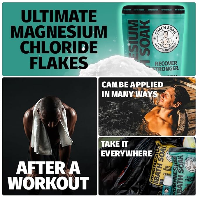 Coach Soak Recovery Bath Soak - Alternative to Epsom Salt Bath Soak - Fast-Absorbing Pure Magnesium Flakes with 21 Minerals, Bath Salts & Essential Oils - 9 lb (3 Pack) - Cooling Peppermint