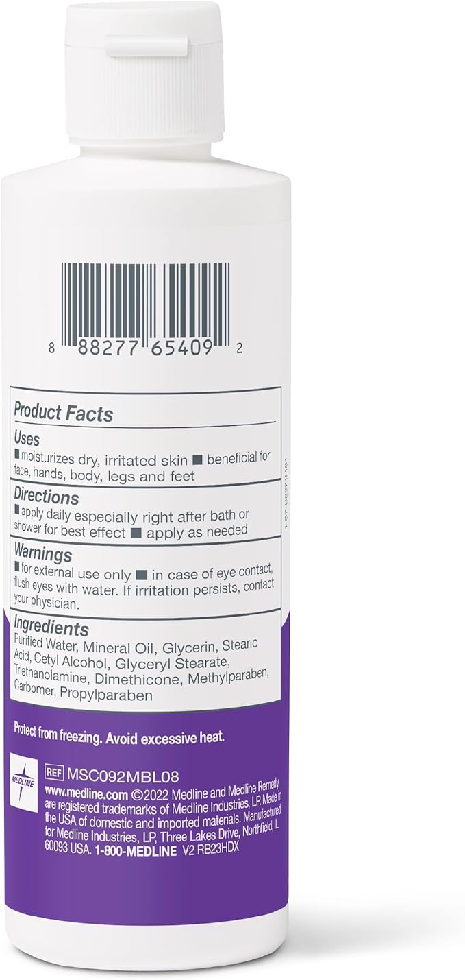 Medline Remedy Essential Moisturizing Body Lotion (8 oz Bottle), 36 Count, Unscented, Hydrating, Soothing For Dry Skin, Smooths & Softens, Non-Greasy, Hypoallergenic, Men, Women, Elderly