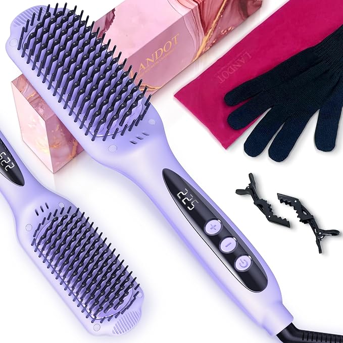 LANDOT Hair Straightener Brush for Damaged Hair - Keratin & Argan Oil Coated Bristles, Ionic Ceramic Straightening Brush to Reduce Frizz & Nourish Hair, Dual Voltage, 12 Temp 250-450F, Purple