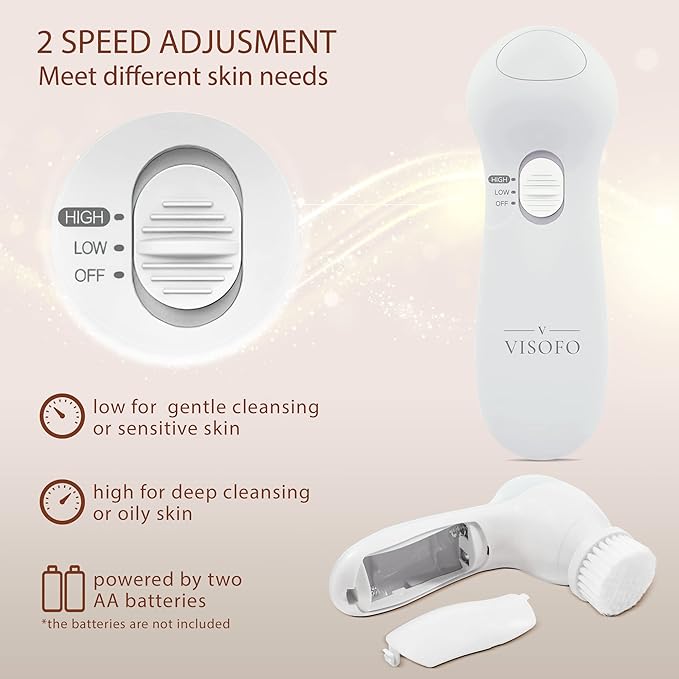 Facial Cleansing Brush Face Scrubber Exfoliating Cleaning Skin Care Cleanser Wash Women Girls Electric Beauty Powered Exfoliator Skincare Spin Tools Scrub Washer Self Care by VISOFO (Pearl)