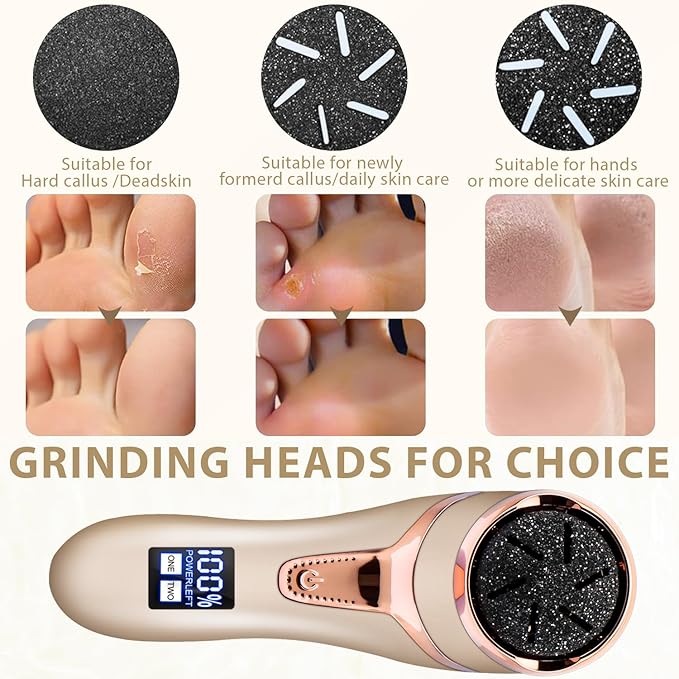 Callus Remover for Feet (with Dander Vacuum), Portable Pedicure Kit Foot File Callus Remover, Rechargeable Waterproof Foot File for Foot Care Deadskin Remover with 3Head&LCD Display, Gold