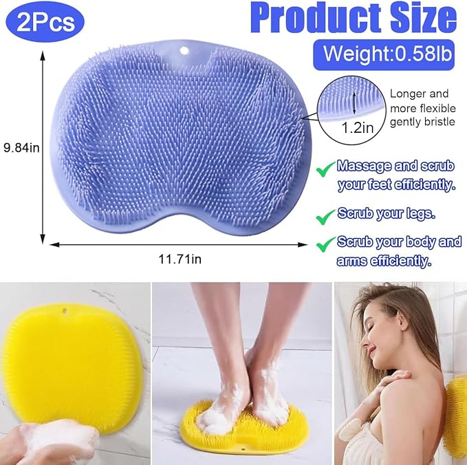 2 PCS Shower Foot & Back Scrubber Brush, Hands Free Wall Mounted Back Massager Mat with Non-Slip Suction Cups Deep Cleaning Foot Brush Exfoliating Silicone Massage Cleaner (Blue&Yellow)