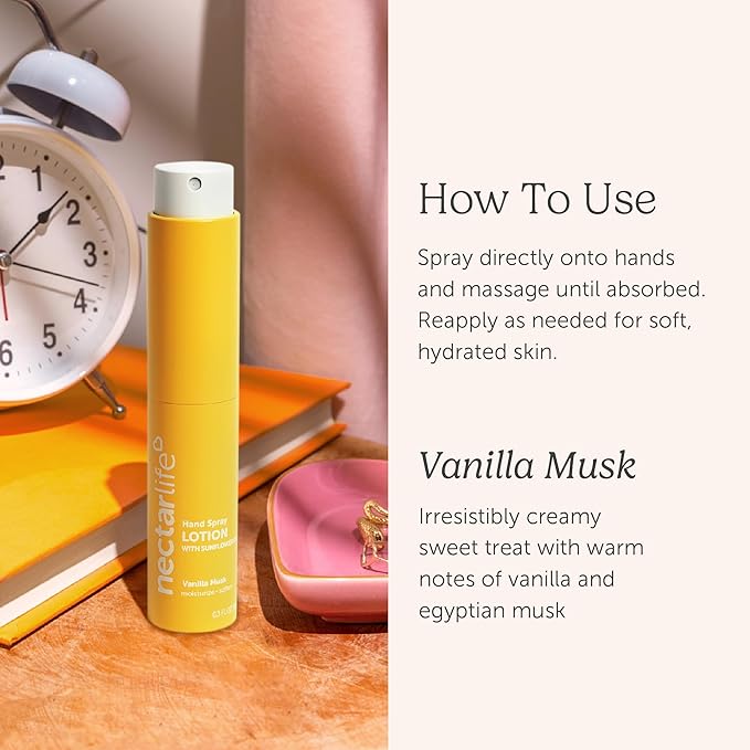 Nectar Life Hydrating Hand Spray Lotion, Vanilla Musk Scent, 10ml Travel Size – Lightweight, Non-Greasy, TSA-Friendly Moisturizing Mist