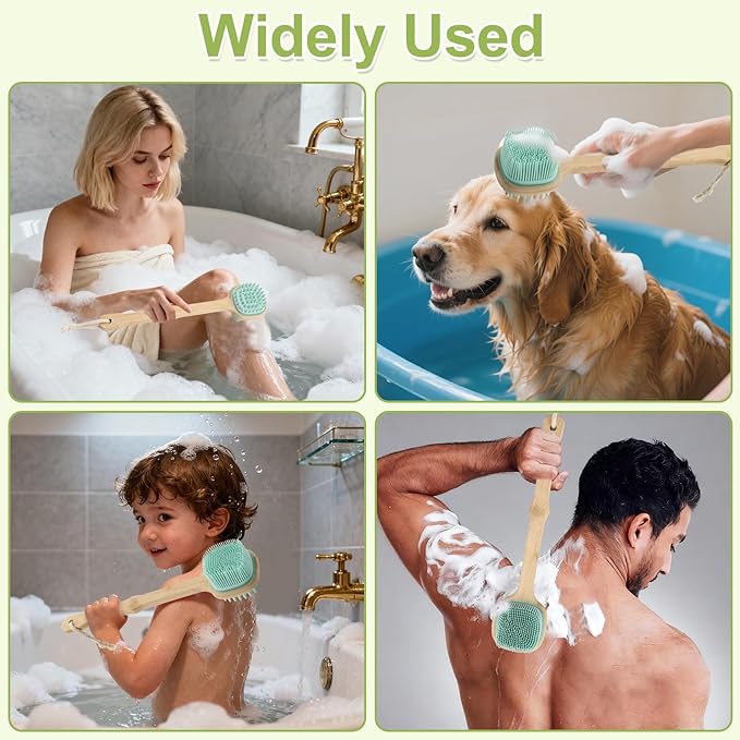 Silicone Back Scrubber for Shower, Silicone Bath Body Brush Loofah with Long Handle, Dual-Sided Shower Brush for Body, Lake Blue Exfoliating Body Scrubber for Men Women, Back Washer for Men with Hook