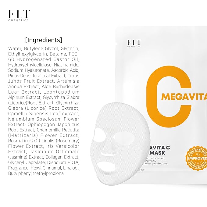 ELT Mega Vitamin C Sheet Mask, (25 g / 0.88 oz.) 10 EA Korean Face Mask, Brightening Sheet Mask, Soothing Facial Mask, Wrinkle Fighting, Deep Collagen, Korean Skin care