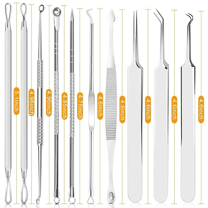 Pimple Popper Tool Kit - Boxoyx 10 Pcs Blackhead Remover Comedone Extractor Kit with Metal Case for Quick and Easy Removal of Pimples, Blackheads, Zit Removing, Forehead,Facial and Nose(All Silver)