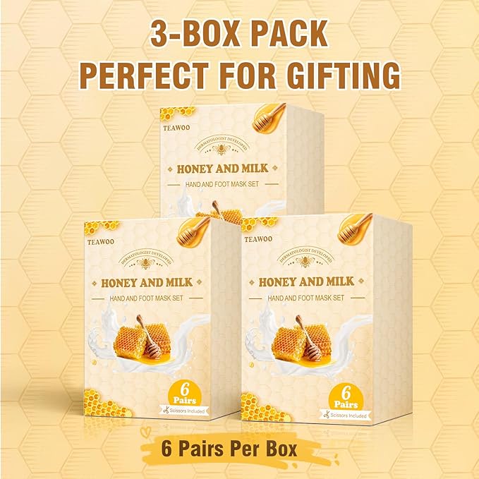 18 Pairs Moisturizing Hand & Foot Masks with Honey, Milk, Vitamin E & Glycerin, Intensely Hydrating Foot Mask for Dry Cracked Feet, Moisturizing Socks for Cracked Heel Treatment