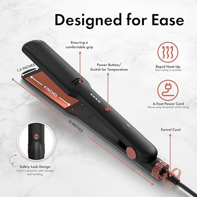 Ceramic Flat Iron Hair Straightener 1.5 Inch – Fast Heating, Adjustable Temperature (320°F-428°F), Wide Plate Hair Styling Tool for Smooth, Frizz-Free Hair – Ideal for All Hair Types
