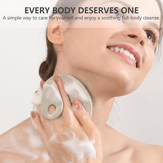 Silicone Body Scrubber with Scrub Net Set, BEAUTAIL 2 Pack for Rich Lather, Deep Cleansing, and Exfoliation – Durable, Easy to Clean, Gentle or Firmer Options – 1 Shower Brush Gray, 1 Scrub Net Gray