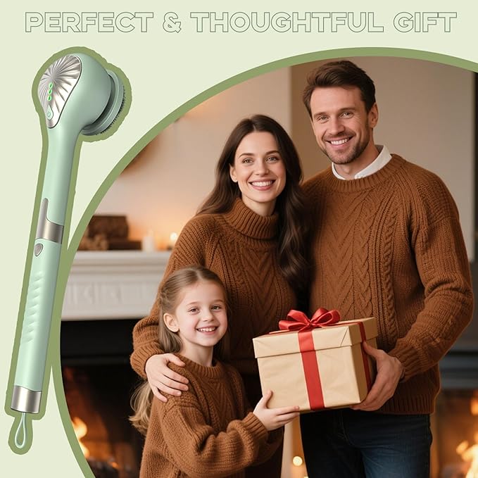 Electric Body Brush, 6in1 Back Scrubber for Shower with 3 Speed, IPX7 Waterproof Silicone Bath Scrubber, Rechargeable Electric Spin Scrubber, Cordless Bath Brush for Clean Exfoliate Massage (Green)