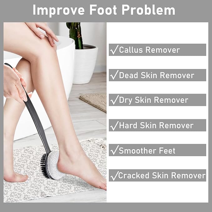 Pumice Stone for Feet and Shower Brush with Long Handle 13.7",Hard Skin Callus Remover, 2 in 1 Foot Scrubber Brush, Back Scrubber Body Brush for Shower Deep Cleansing and Exfoliating (Curved)